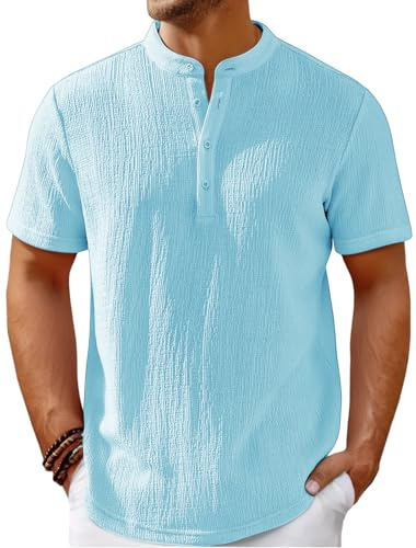 WINKEEY Camisetas Manga Corta Hombre de Botones Cuello Redondo Camisas Hombres Manga Corta para Cómoda Casual Suaves Sólido Gran Tamaño Ropa Hombre,Azul Claro 2XL