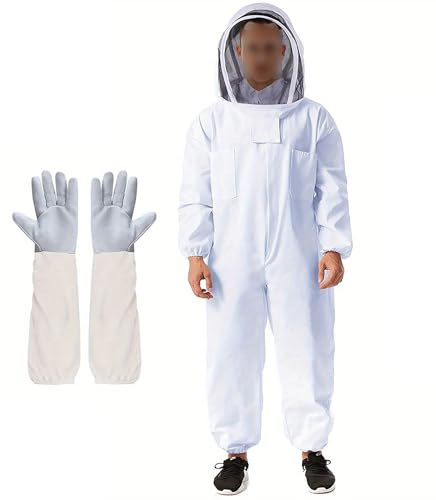ERMWALR Imker-Schutzanzug mit Handschuhen, kompletter Imker-Schutzanzug, | Imkerausrüstung mit Schutzmaske und Kapuze, weißer Imkeranzug für Damen und Herren (L)