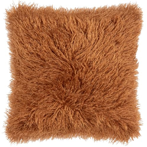furn. Rowan Polyester Filled Cushion – Soft Faux Fur Mongolian Style Decorative Cushion with Velvet Reverse (Ginger - 50x50cm)