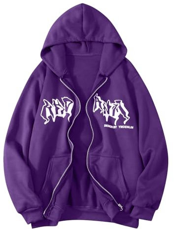 Generisch 2025 Giacca con zip Up Hoodies Hip Hop Felpa con cappuccio Street Fashion Unisex con coulisse e orecchie da ragazza 90, Lilla, M
