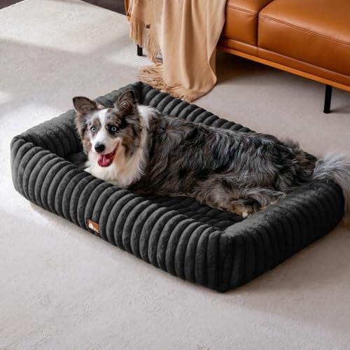 Upvilla Luxus Hundebett,Weiches Hundesofa,waschbarer Hundekorb XL Schwarz | Superweicher Kaninchen-Kunstfell-Bezug, dick aufgefüllte Stützpolsterung, integrierter Tragegriff, Großtierbett, Katzenbett