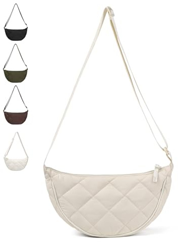 GoPaw Damen Halbmond Crossbody Schultertasche, Nylon Hobo Halfmoon Bag, Crossbody Bag Damen Halbmond Schultertasche mit verstellbarer Schultergurt, Einfarbige (Weiß)