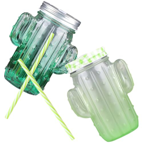 HEALSOPTHY Glas Kaktus 400ml Trinkbecher Kunststoff 2 und Stück | Strohhalm, Kreative Form, für Getränke zu Feiern und Restaurants, Leicht zu Reinigen Zufällige Farbe