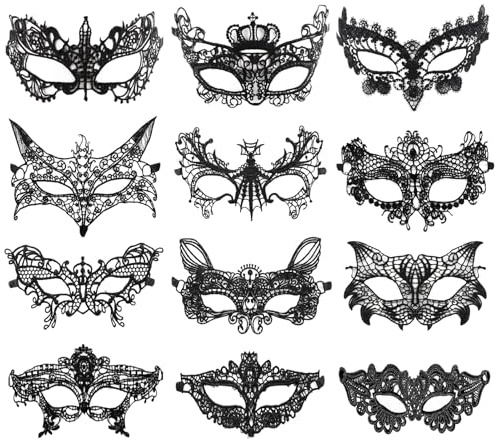 12 Stück Maskerade Maske Damen Elegant Venezianische Maske Sexy Schwarz | UYUYong Damen Spitze Maske Sexy Lace Masker Augenmaske für Maskerade Party Cosplay Valentinstag Karnevalsparty Halloween