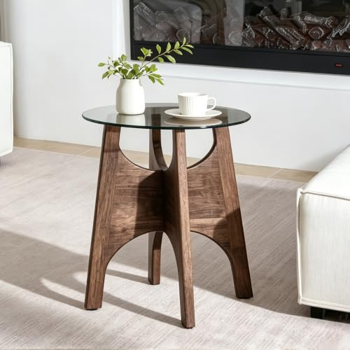 Table basse ronde Table d'appoint ronde moderneTable basse en verre trempé pour les espaces de vie compacts.Pieds en bois créatifs en forme de croix.Convient aux salons et aux bureaux.40 cm x 52 cm