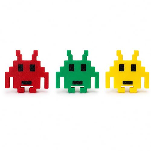 3 Pack Pixel Alien Drawer Knobs – Retro Arcade Gamer Cabinet Door Handles – Kids Bedroom Cupboard, Wardrobe & Drawer Knobs – Red, Green & Yellow – 63mm x 60mm