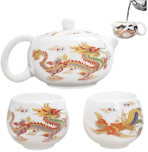 Color Changing Ceramic Teapot with 2 Cups, Dragon and Phoenix Chinese Tea Set, 230ml Wide Mouth Traditional Kung Fu Teapot with Handle & Infuser, Tea