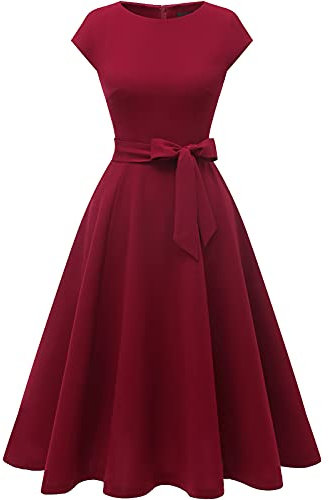 DRESSTELLS Robe Cocktail Mariage Vintage Robe Casual Femme Robe de Soiree Femme Robe baptême col Rond Manches Courtes Bourgogne L