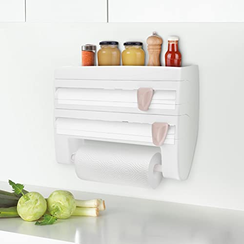 GOTOTOP Support Mural pour 3 Rouleaux d'Essuie-Tout, Coupe-Papier pour Bords Lisses, Porte-Rouleau pour Films à Portée de Main, pour Serviettes Jusqu'à 28 cm (Blanc)