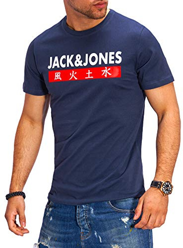 JACK & JONES Herren T-Shirt Kurzarmshirt Top Print Shirt Casual Basic O-Neck (Small, Total Eclipse)