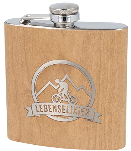 Spruchreif · Flachmann aus Edelstahl mit Gravur Lebenselixier · Geschenk für Fahrradfahrer und Mountainbiker · Flachmann aus Holz ·