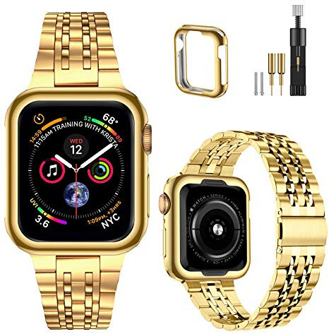 MioHHR Compatible with Apple Watch Strap 42mm 44mm 45mm, Solid Stainless Steel Metal Band for iWatch Series 9 8 7 6 5 4 3 2 1 SE Men and Women (Gold)