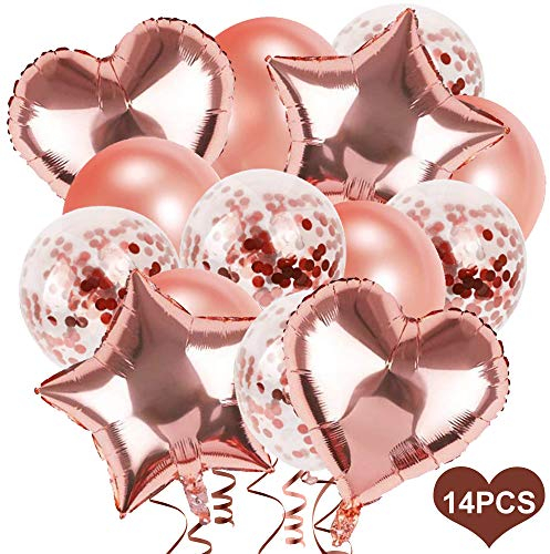 ZAWTR Luftballons Rosegold, 14 Stück Geburtstagsdeko - Rosegold Stern Herz Folienballon/Latex Luftballon Ballons & Konfetti, für Geburtstag, Hochzeit, Babyparty, Valentinstag - Unisex-Kinder