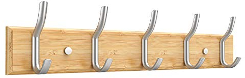 Anjuer Coat Hanger Rack 5 Hooks Heavy Duty Clothes Hat Holder Bamboo Board Silver Hooks