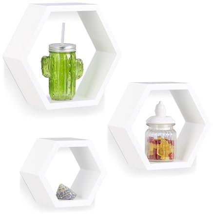 HOMION Schweberegal Wandmontage Sechseckig Schweberegale - 3er Set - Groß, Mittel und Klein - Schrauben und Dübel im Lieferumfang enthalten - Bauernhausregale für Schlafzimmer, Wohnzimmer, Wohnwagen