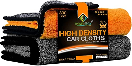 Towelogy Microfibre Car Cleaning Cloths 800gsm High Density CHEMICAL FREE Washing Drying Buffing Double Side Super Absorbent Auto Detailing Large Towels 40x40cm (Orange/Grey, Pack Of 2)