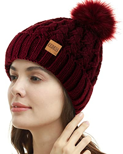 REDESS Damen Winter Pompom Beanie Mütze Fleece gefütterte warme Mützen, Dicke, lässige Schneestrickmütze für Damen