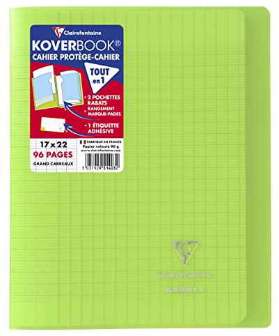 Clairefontaine 951403C Un Lot de 10 Cahiers Agrafés Koverbook Verts - 17x22 cm - 96 Pages Grands Carreaux - Papier Blanc 90 g - Couverture Polypro