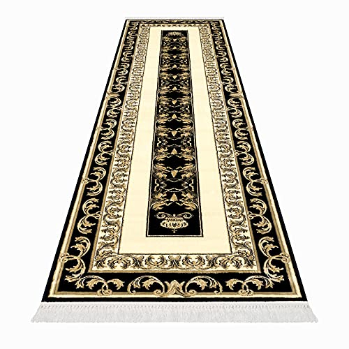 Premium Flur Teppich Läufer Teppichläufer Flur Schlafzimmer Wohnzimmer Kurzflor in Schwarz Gold mit Fransen - Mäander Pegasus Design Vintage Antirutsch K-Seidenglanz 100% Viskose Öko Tex - 80x300 cm