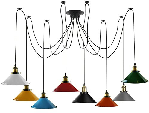 LEDSone 8 Heads Spider Pendant Light Industrial Metal Cone Shades with E27 Holder Adjustable DIY Vintage Hanging Ceiling Chandelier Lamp for Living Room Bedroom Bar Cafe