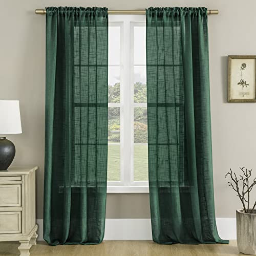 Emerald Green Sheer Curtains 84 Inches Long for Living Room,Rod Pocket Faux Linen Textured Neutral Moody Dark Academia Window Treatments Drapes 84 Inch Length 2 Panels Set,Hunter Forest Dark Green