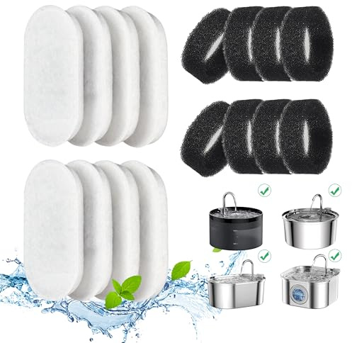 Cat Water Fountain Replacement Filters - 16 Pack (8 Filters & 8 Sponges) for 67oz/2L & 108oz/3.2L Stainless Steel Pet Fountain