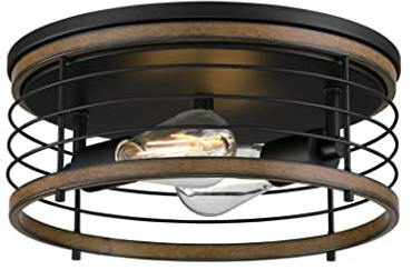 Westinghouse Lighting 6125040 Traditionelle, zweiflammige 33 cm große Leuchte Ackton deckenbündigen Montage, Ausführung in Mattschwarz mit Scheunenholz-Akzenten