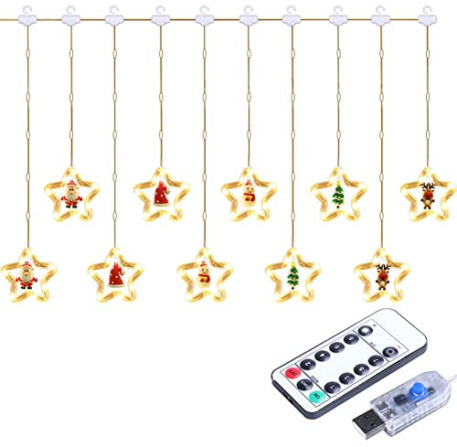 JAWSEU LED Weihnachtsvorhang Lichter, 3m LED Lichterkette mit Sterne & Weihnachtsmuster, 8 modi Weihnachten Fenster Lichterkette für Weihnachten, Hochzeit, Party, Zuhause