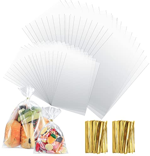 200 Stk Süßigkeiten Tüten, Cellophantüten, Zellophanbeutel, Plastiktüten Transparent mit 200 Metallischen Bindebaender, für Mitgebsel Kindergeburtstag Gastgeschenke Schokolade Kekse - 2 Größen