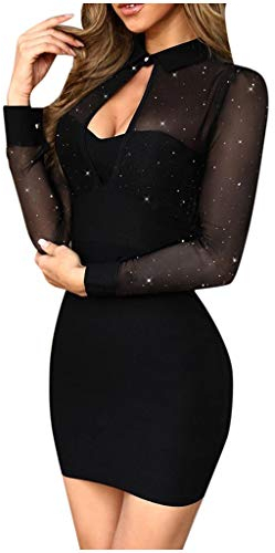 Glitzer Kleid Kleider Damen Festlich Elegant Strickkleid Tüll Patchwork Hollow Out Langarm Revers Partykleid Kurz Tunikakleid Herbst Winter Blusenkleid