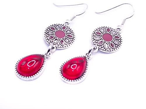 NILUXE DESIGN -Ohrringe Frau Stil Boho Silber Thailändisch Kristall Rot In Form Von Tropfen - Ohrringe Frau Hängende Lange - Ohrringe Boho - Schön Zum Tragen (Ohrringe)