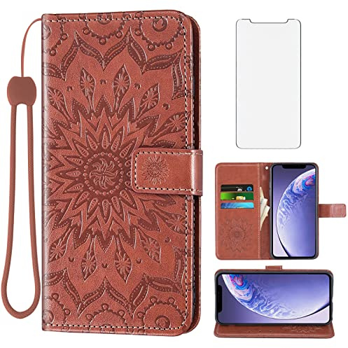 Asuwish Phone Case for iPhone 11 6.1 Wallet Cases with Tempered Glass Screen Protector and Leather Flip Cover Card Holder Stand Cell Accessories iphone11case iPhone11 i Phone11 XI 11R Women Men Brown