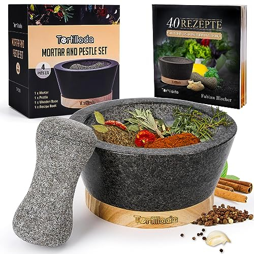 Tortillada - XXL Ensemble mortier et pilon de 16 cm en granit naturel avec base en bois anti-rayures Moulin à épices et à herbes en granit Broyeur de pilules avec 50 recettes, Noir