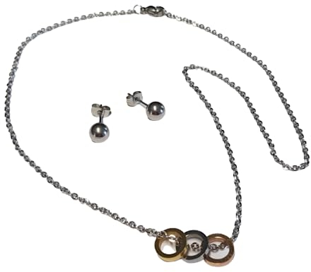 Bungsa Schmuckset Kreise tricolor mit Kette und Ohrsteckern aus 316L Edelstahl
