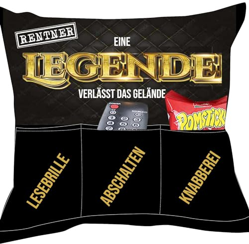 KAMACA Ruhestandskissen 43x43 cm mit 3 Taschen Dekokissen mit Füllung Geschenkidee zur Rente für Männer Frauen Kuschelkissen für Sofa Garten Abschiedsgeschenk Renteneintritt (Rentner-Kissen)
