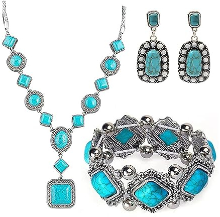 TOEECY Schmuckset für Damen und Mädchen Türkis Anhänger Halskette Ohrringe Armband Set Schmuck Set Brautschmuck(#1)