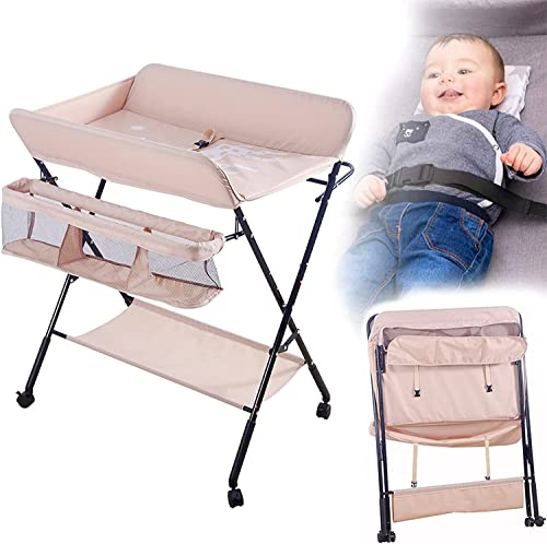 Wickeltisch und Badewanne 2-in-1 für Babys von Geburt bis 12 Monate (bis 25 kg), Faltbar, Tragbar, Mit 4 Rollen (Rosa)