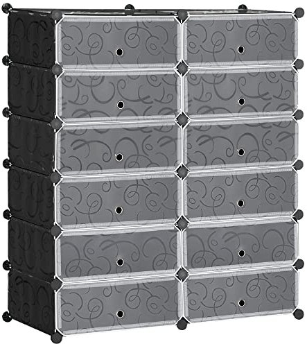 HOMCOM Armoire à Chaussures modulable Range Chaussures Meuble de Rangement avec 12 Cubes rectangulaires empilable en Plastique capacité 24 Paires 94 x 37 x 108 cm Noir et Blanc