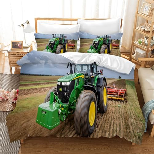 Leleyouzer 3D Traktor Bettwäsche,3-Teilig Traktor Kinder Bettwäsche-Set mit Reißverschluss und 2 Kissenbezug 50x75cm,für Kinder Jugendliche Jungen (T1, 135×200 cm)