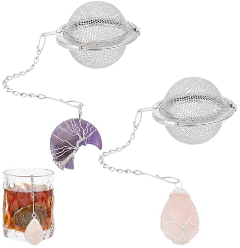 UNICRAFTALE 2 infusor de Té Redondo de Malla de Acero Inoxidable con Forma de Bola Colador de Té Suelto con Luna de Amatista Natural Y Soporte En Forma de Lágrima de Cuarzo Rosa Colador de Malla