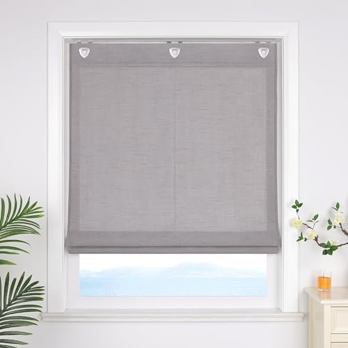 ESLIR Raffrollo ohne Bohren Uni Gardinen Küche Blickdicht Raffgardinen mit Hakenaufhängung Bändchenrollo für Fenster ohne Bohren Grau BxH 140x140cm 1 Stück