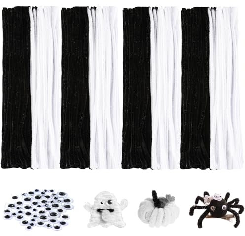 300 Stück Pfeifenreiniger zum Basteln, 200 Pfeifenputzer Schwarz und 100 Pfeifenreiniger Weiß, Chenilledraht mit 50 Selbstklebend Wackelaugen in 5 Größen für Halloween Handwerk Dekoration