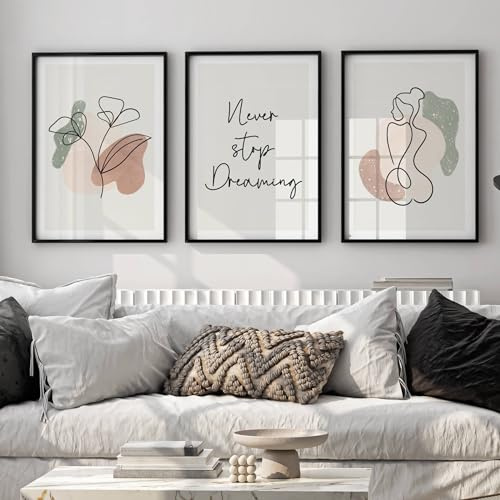 FAVELOT Abstrakte Bilder Set A4, Poster Aesthetic, Poster Set, Wandbilder Wohnzimmer - Boho Bilder grün beige, Bilder mit Sprüchen, Line Art Bilder, 3x Din A4