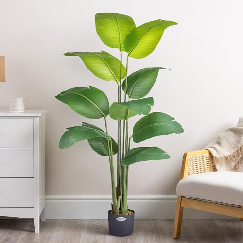 Christow Artificial Banana Tree, Indoor Outdoor House Plant Decoration, Lifelike Feel-Real PEVA Leaves, Pre Potted in Weighted Faux Cement Pot with Moss, For Living Room Bedroom Office (5ft/150cm)