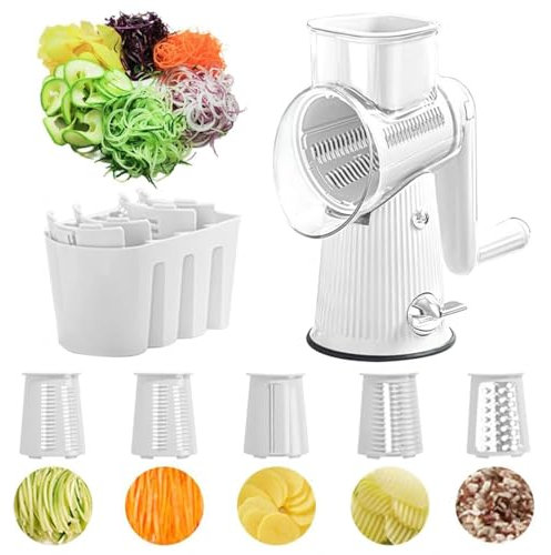5 in 1 Gourmet Cheese Grater , Replaceable Five Kinds Stainless Blades Rotary Grater, Hand Grater Easy to Clean Kitchen Gadget,White