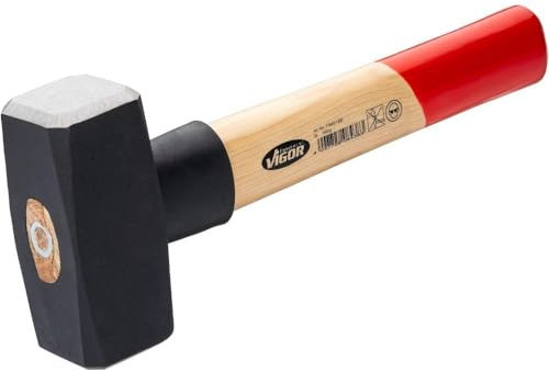 ViGOR Martello da fabbro V2662-1000 1000 g, manico in legno hickory con protezione antiurto in gomma, lunghezza 360 mm, per lavori potenti e precisi