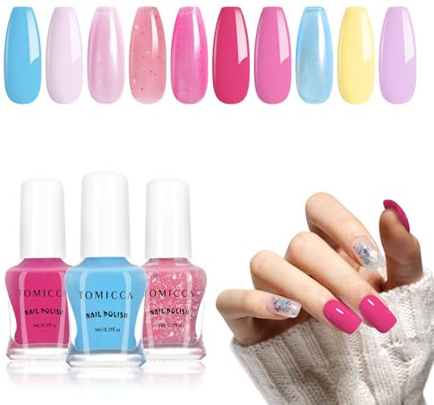 TOMICCA Vernis à Ongles Pastel, 10 Couleurs Vernis à Ongles Lot Rose Jaune Bleu Violet Pailleté, Décollable à Base d'eau Vernis à Ongles pour DIY Nail Art Manucure