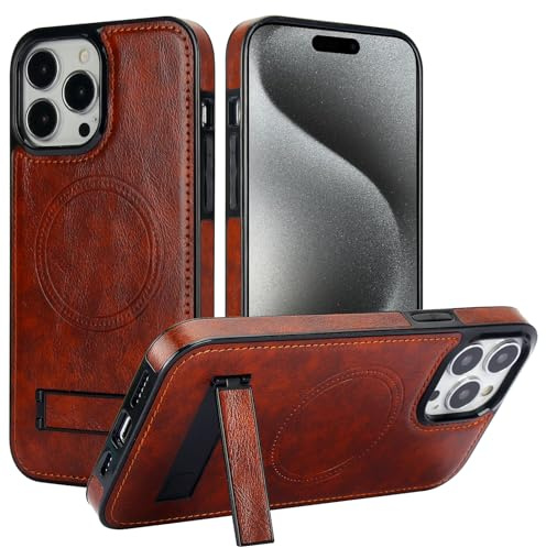 ZHOZEXIN Magnetic PU Leather Case for iPhone 15 pro max,[Compatible with Magsafe］,Wireless Charging,Hidden Bracket,Strong Magnetic Protective Phone Cover Case for iPhone 15 pro max (Brown)
