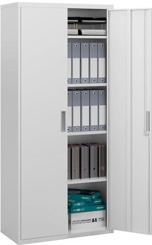 HOMCOM Aktenschrank, Büroschrank mit 2 Türen, 5 Ebenen Mehrzweckschrank mit Verstellbarer Ablage, Aufbewahrungsschrank aus Stahl, für Arbeitszimmer, Wohnzimmer, Weiß