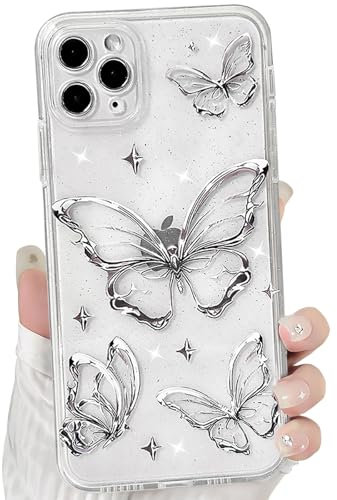 NITITOP Compatible with iPhone 11 Pro Max Case Cute Clear Glitter Butterfly Design Sparkly Bling Shiny Star Trendy Girls Women Soft Slim Anti-Yellow TPU Shockproof Protective Phone Cover - White